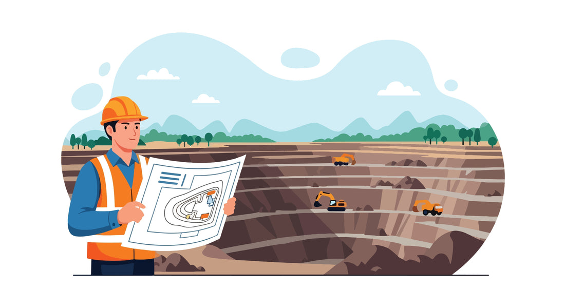 Worker viewing blast design at an open pit mine.
