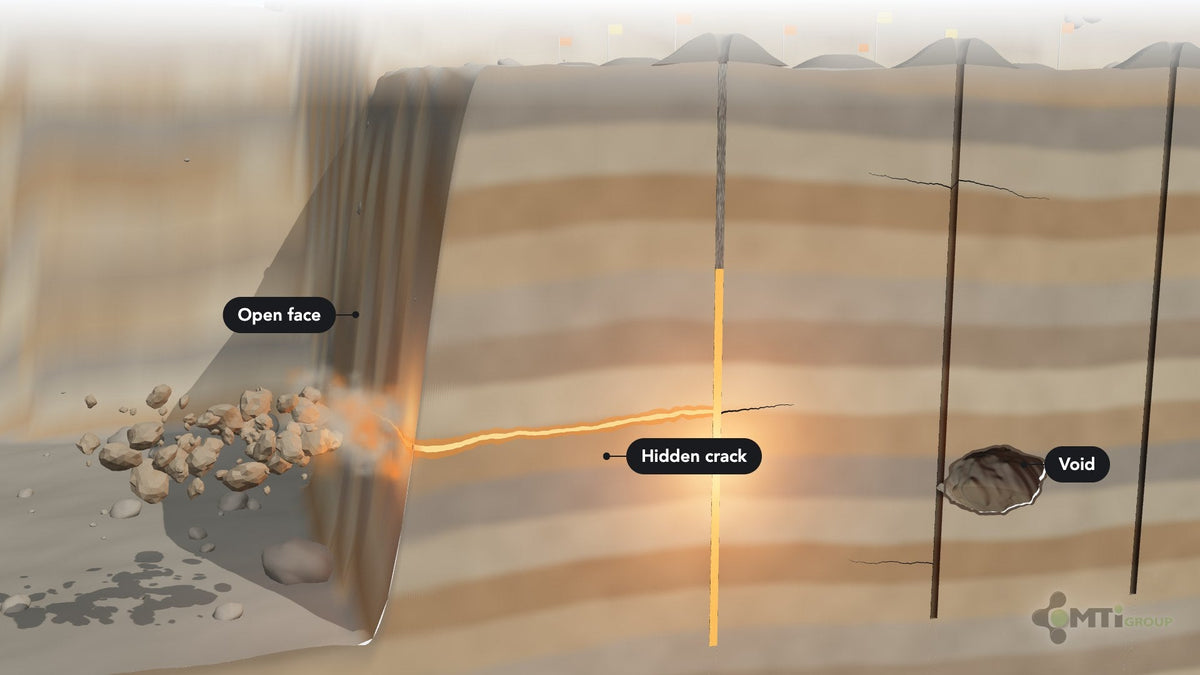 Cross-section of an open-pit bench: a crack runs from a loaded blast hole out to the open face, and gas and rock vent out the face