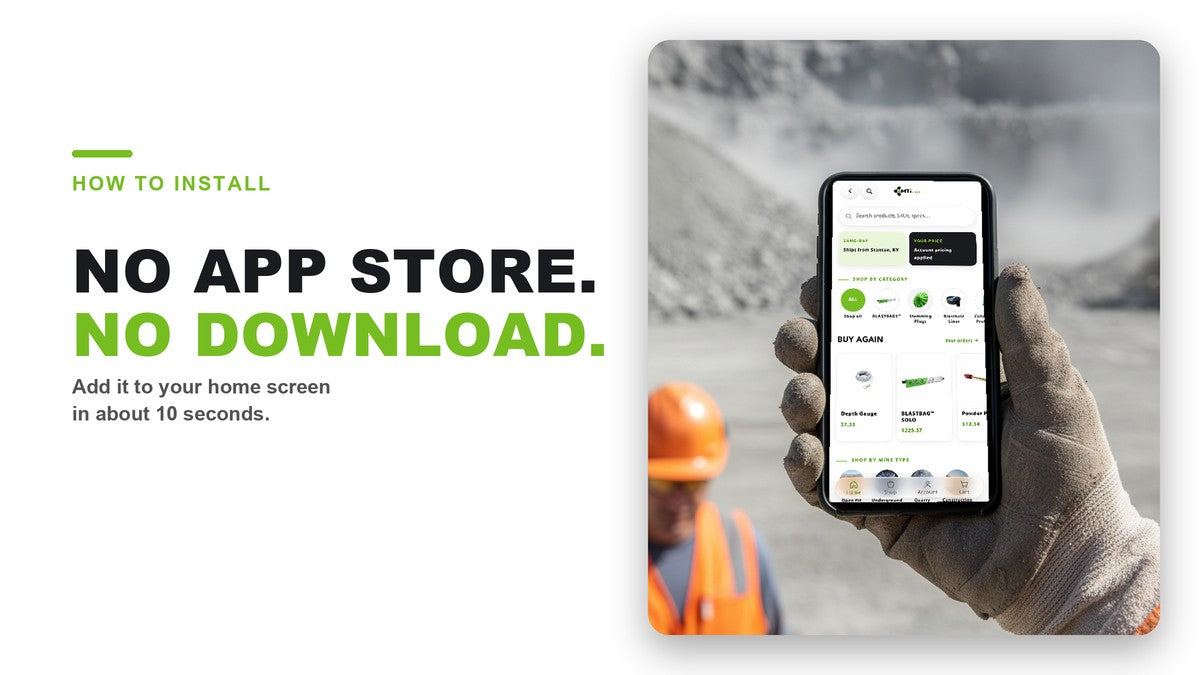 The MTi app open on a phone at a quarry — no app store, no download, add it to your home screen