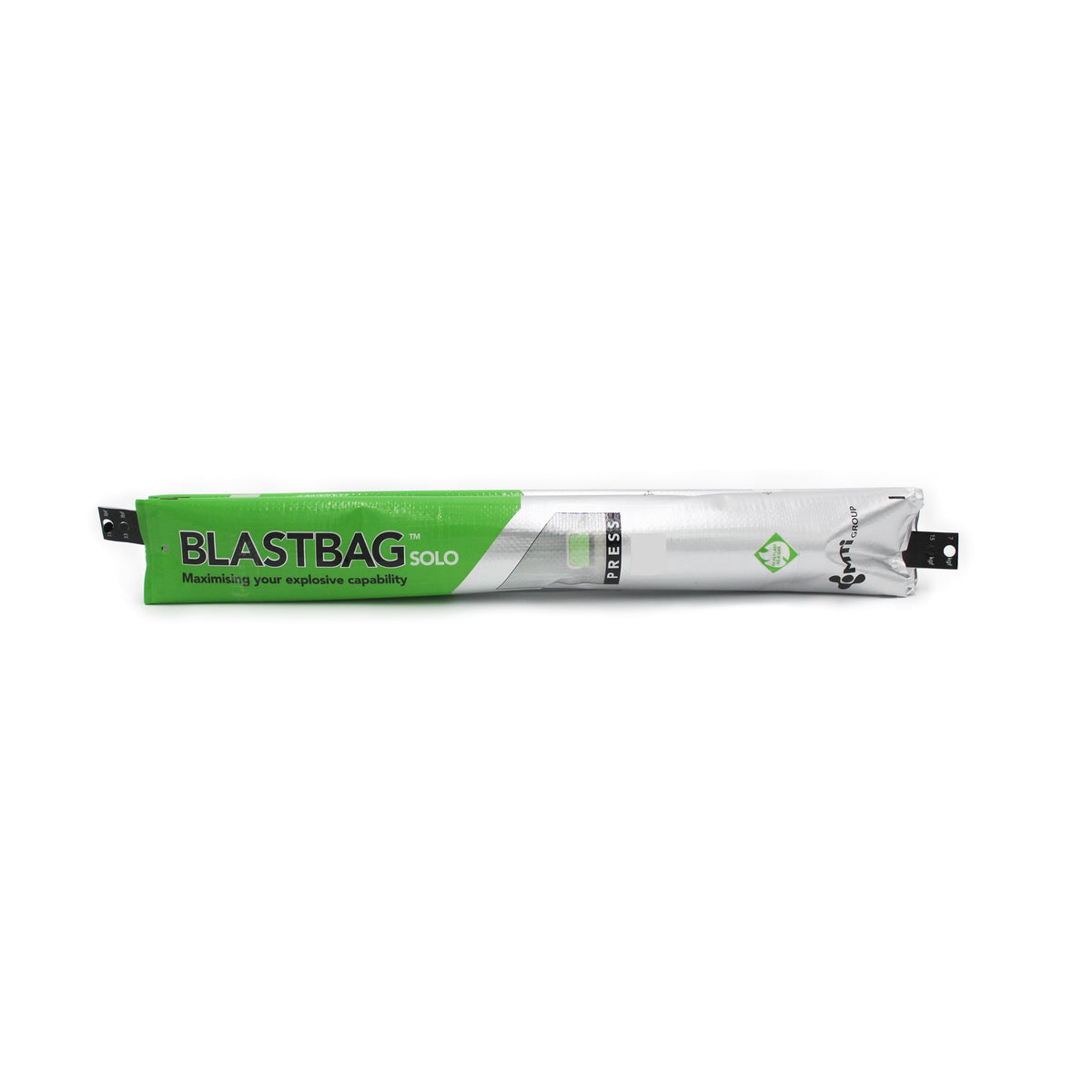 Six BLASTBAG SOLO sizes lined up: Quokka, Koala, Bilby, Platypus, Wombat, Emu (4-inch to 12-inch blast hole plugs)
