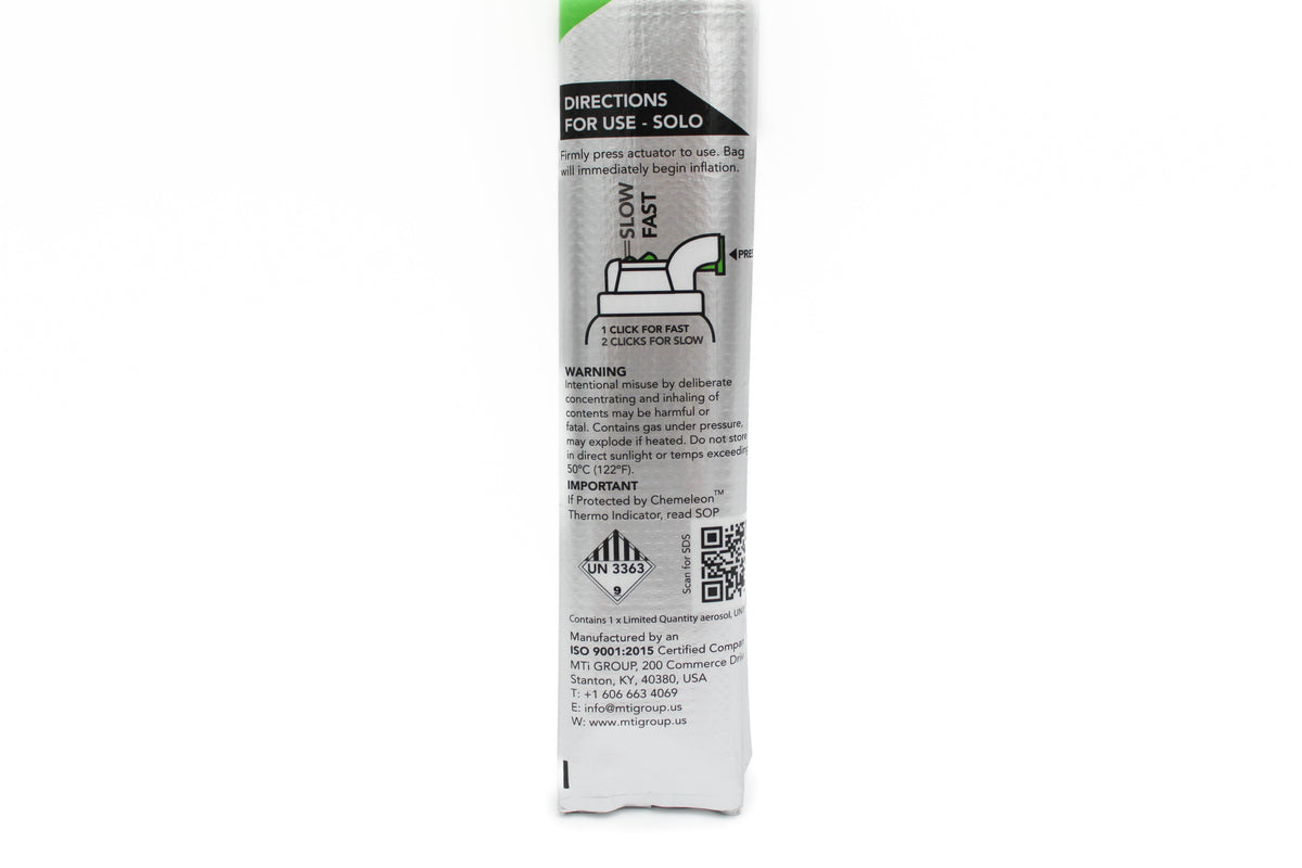 Close-up of BLASTBAG SOLO aerosol cartridge showing valve, seals, and manufacturing integrity