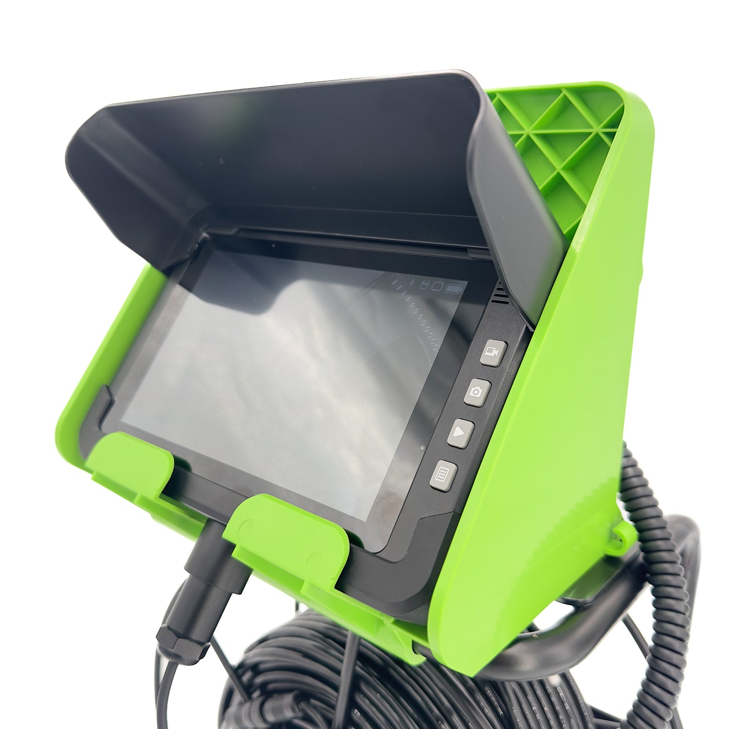Green and black industrial inspection camera with screen on a white background