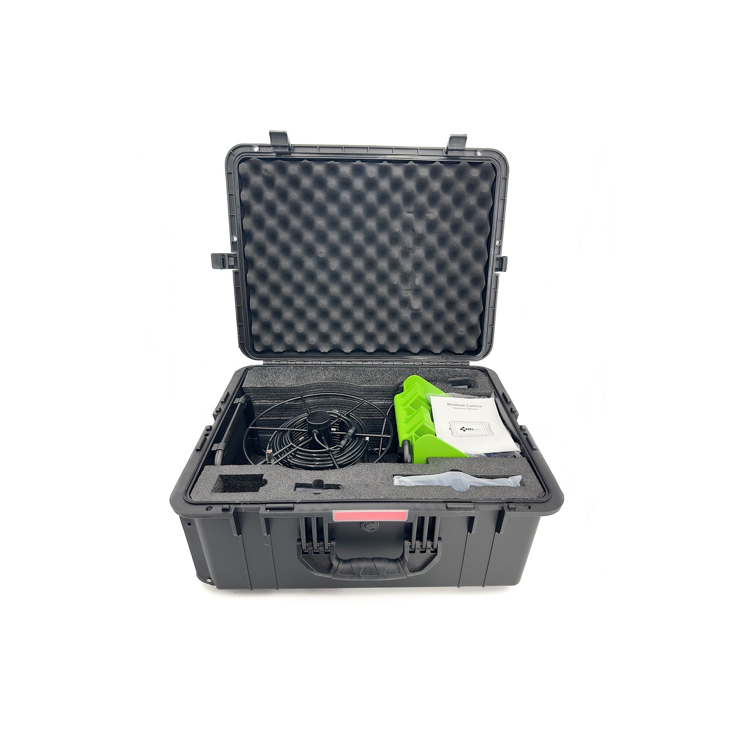 Black protective case with foam lining containing the mti group borehole camera components. 